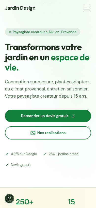 Jardin Design — vue mobile